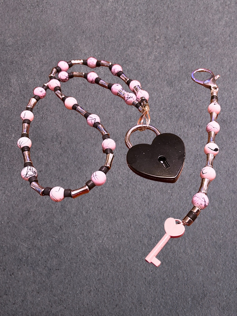 Pink Heart Lock & Key Beaded Necklace Pair